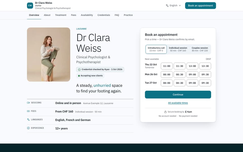 Il design Praxis su uno schermo di computer: la pagina iniziale di Clara Weiss, uno studio dimostrativo fittizio